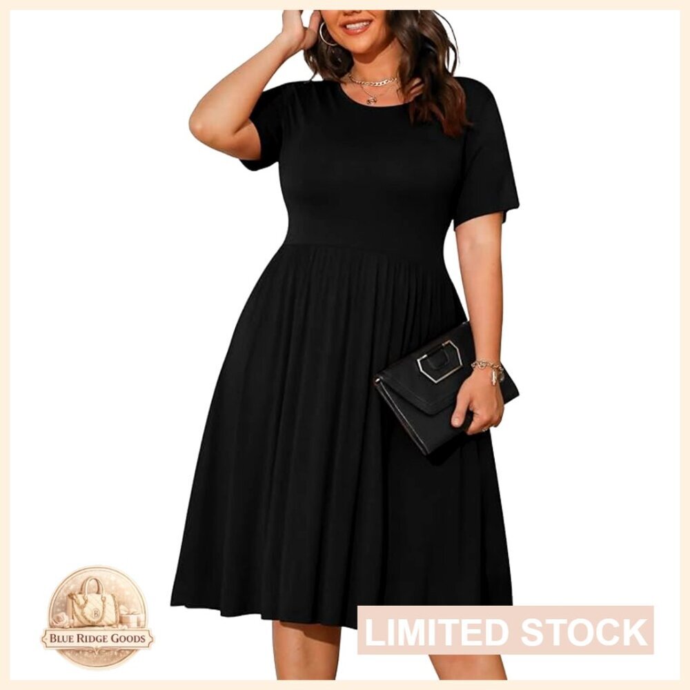 Plus Size Midi Dress Loose Fit Empire Waist Casual Summer Swing T-Shirt Style
